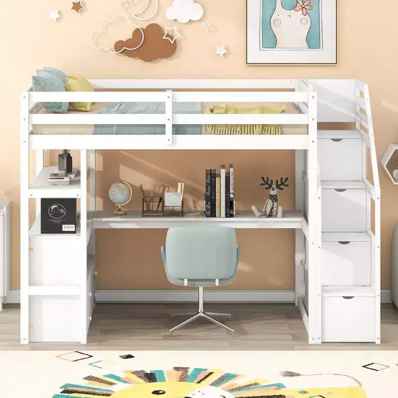 GDFStudio Lewis Loft Bed with Desk and Shelves, Two Built-in Drawers, Storage Staircase