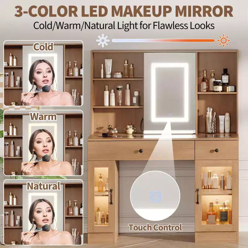 Acekool 41 White Makeup Vanity Desk with Mirror & Adjustable LED Lights, Power Outlet, 2 Drawers, 4 Glass Cabinets, Vanity Table Set for Bedroom