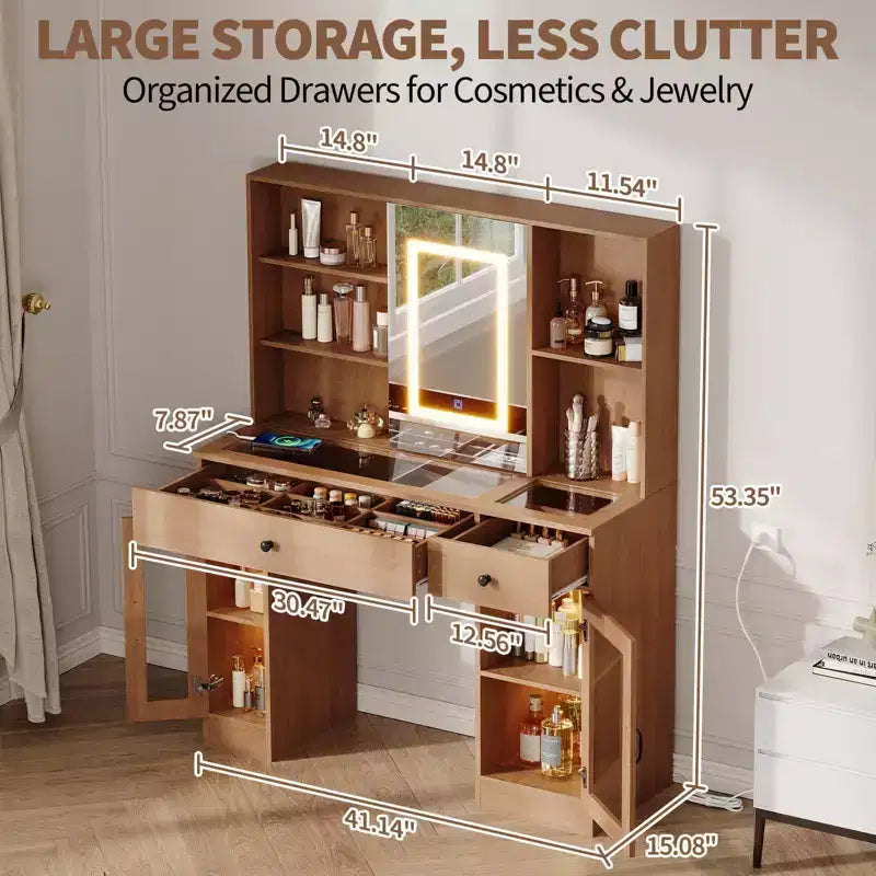 Acekool 41 White Makeup Vanity Desk with Mirror & Adjustable LED Lights, Power Outlet, 2 Drawers, 4 Glass Cabinets, Vanity Table Set for Bedroom
