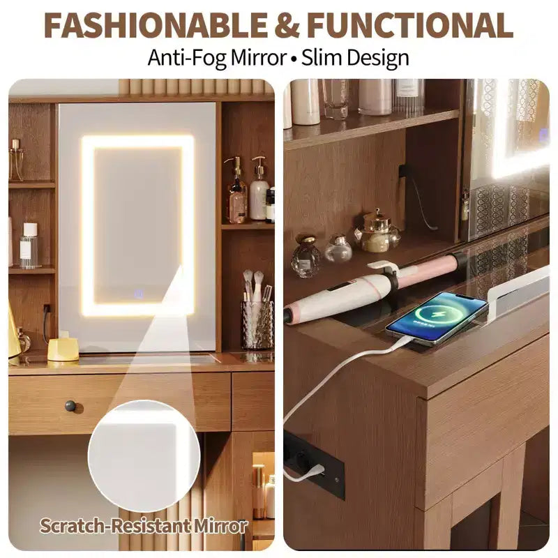 Acekool 41 White Makeup Vanity Desk with Mirror & Adjustable LED Lights, Power Outlet, 2 Drawers, 4 Glass Cabinets, Vanity Table Set for Bedroom