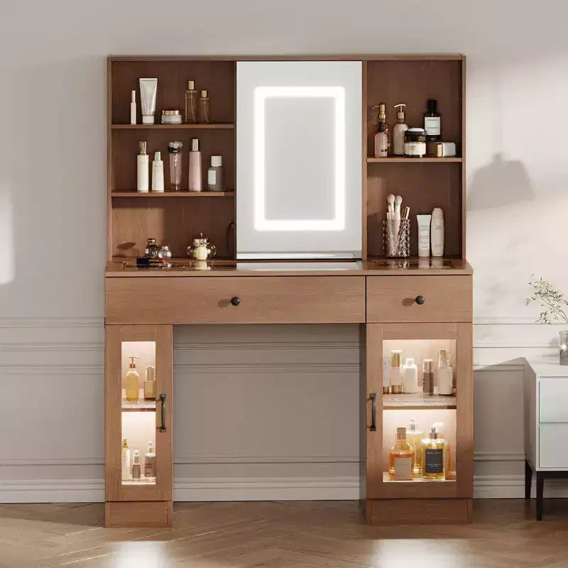 Acekool 41 White Makeup Vanity Desk with Mirror & Adjustable LED Lights, Power Outlet, 2 Drawers, 4 Glass Cabinets, Vanity Table Set for Bedroom