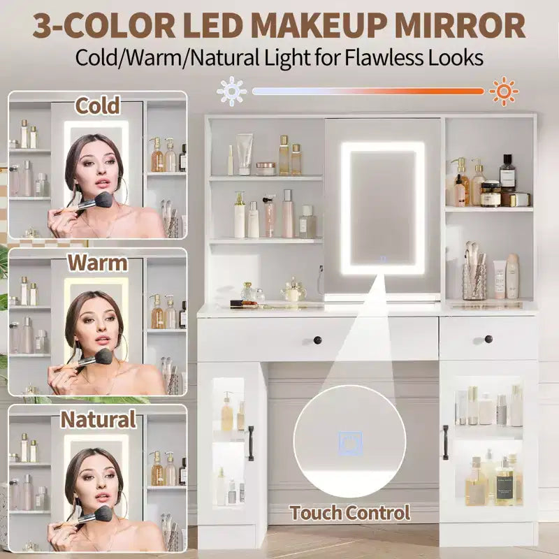 Acekool 41 White Makeup Vanity Desk with Mirror & Adjustable LED Lights, Power Outlet, 2 Drawers, 4 Glass Cabinets, Vanity Table Set for Bedroom