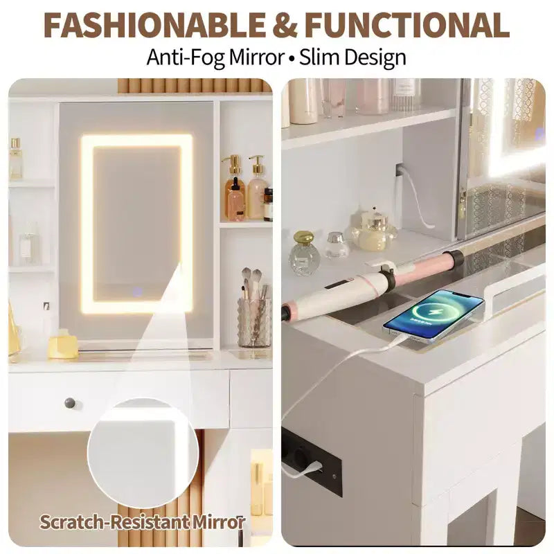 Acekool 41 White Makeup Vanity Desk with Mirror & Adjustable LED Lights, Power Outlet, 2 Drawers, 4 Glass Cabinets, Vanity Table Set for Bedroom