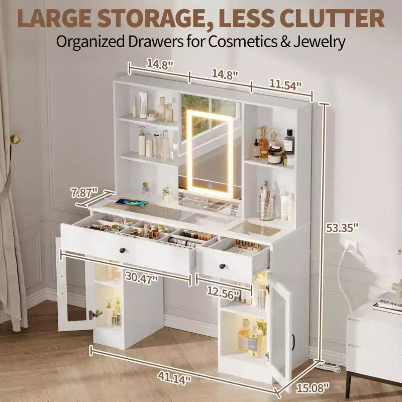 Acekool 41 White Makeup Vanity Desk with Mirror & Adjustable LED Lights, Power Outlet, 2 Drawers, 4 Glass Cabinets, Vanity Table Set for Bedroom