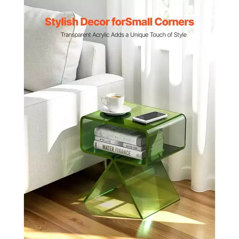 VEVOR Acrylic Nightstand Side Table, Modern Clear Bedside Table with Storage Shelf, Transparent Small End Desk, 11.8 x 15.4 x 17 in, Green