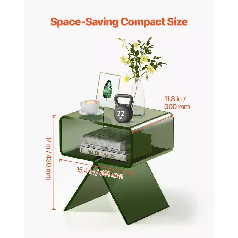 VEVOR Acrylic Nightstand Side Table, Modern Clear Bedside Table with Storage Shelf, Transparent Small End Desk, 11.8 x 15.4 x 17 in, Green