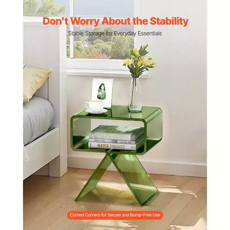 VEVOR Acrylic Nightstand Side Table, Modern Clear Bedside Table with Storage Shelf, Transparent Small End Desk, 11.8 x 15.4 x 17 in, Green