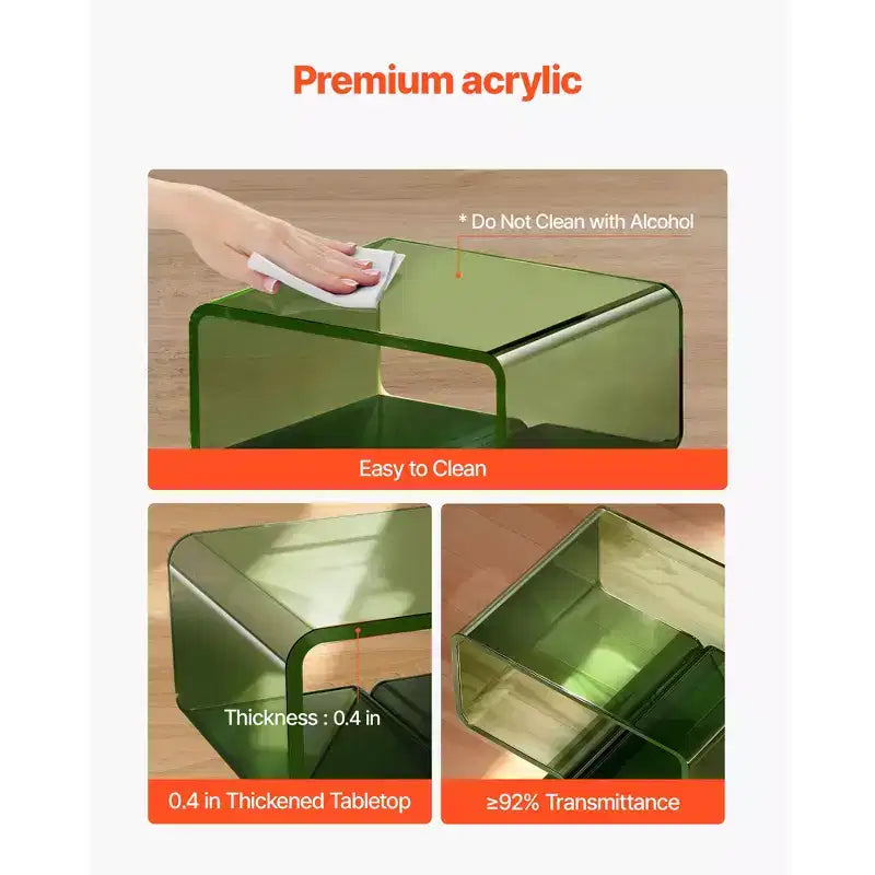 VEVOR Acrylic Nightstand Side Table, Modern Clear Bedside Table with Storage Shelf, Transparent Small End Desk, 11.8 x 15.4 x 17 in, Green