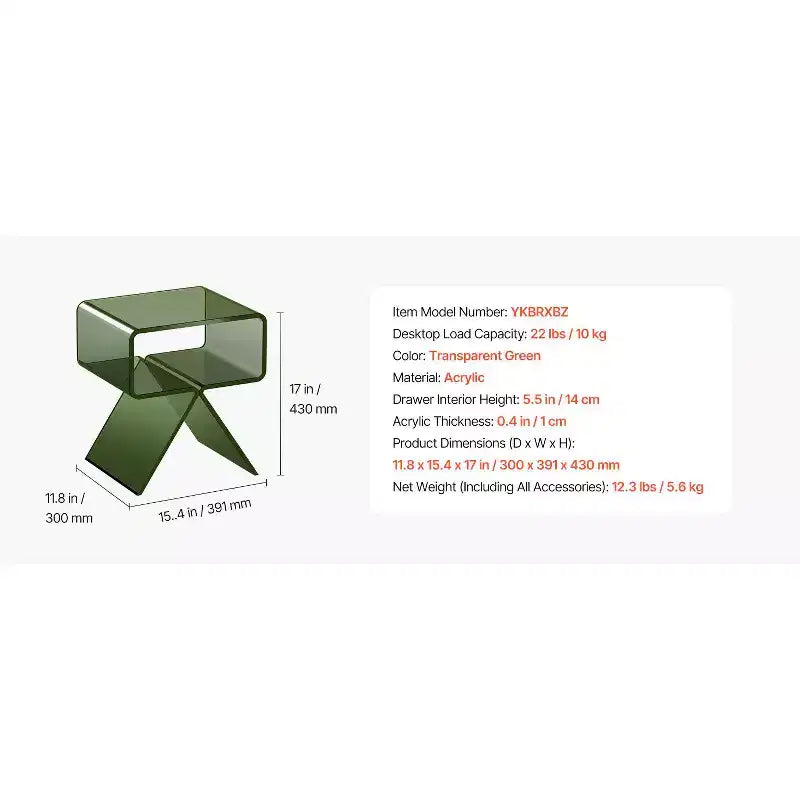 VEVOR Acrylic Nightstand Side Table, Modern Clear Bedside Table with Storage Shelf, Transparent Small End Desk, 11.8 x 15.4 x 17 in, Green