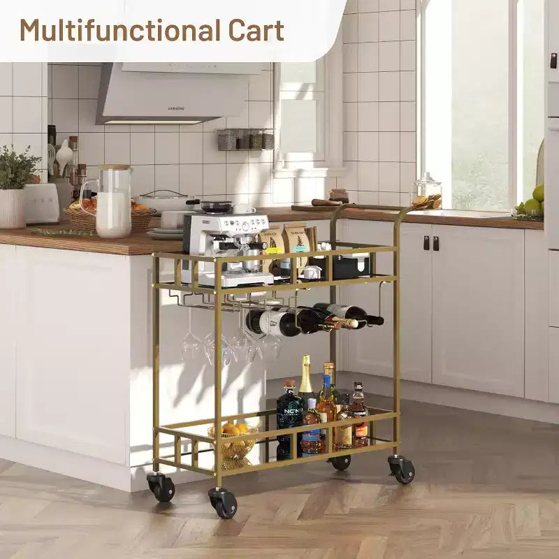 2 Tier Rolling Wine Bar Cart for Home, Small Alcohol Liquor Cart with Mirrored Shelves, Wine Racks & Glass Holder, Compact for Dining Room,Party