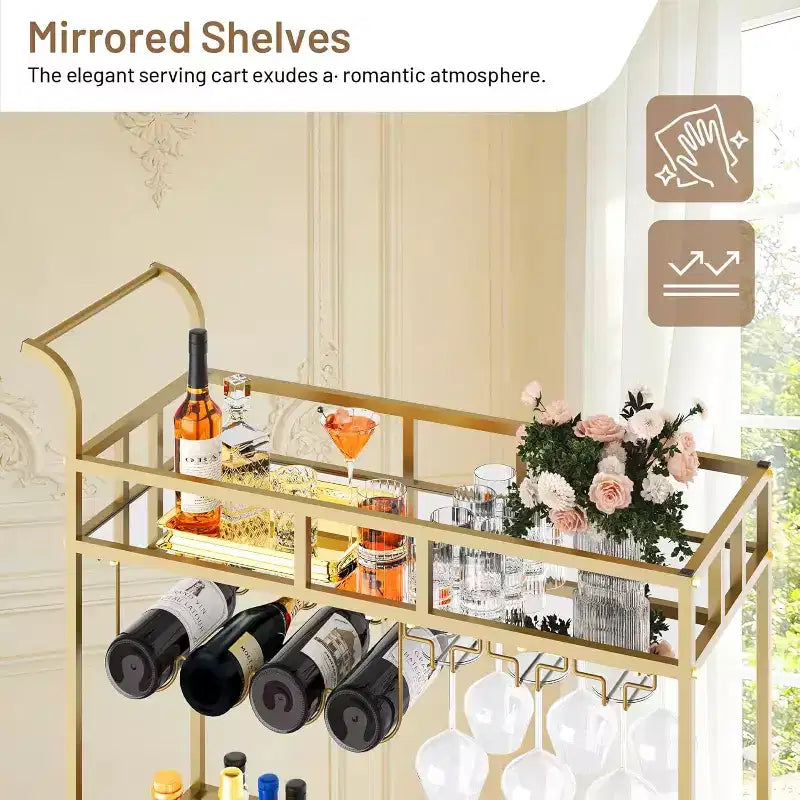 2 Tier Rolling Wine Bar Cart for Home, Small Alcohol Liquor Cart with Mirrored Shelves, Wine Racks & Glass Holder, Compact for Dining Room,Party