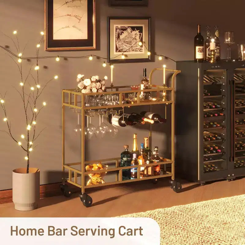 2 Tier Rolling Wine Bar Cart for Home, Small Alcohol Liquor Cart with Mirrored Shelves, Wine Racks & Glass Holder, Compact for Dining Room,Party
