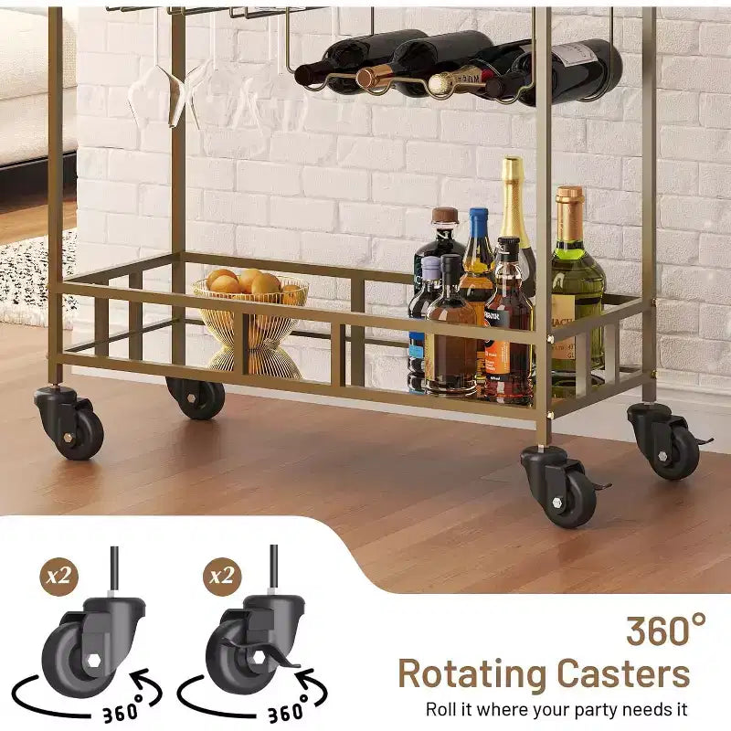 2 Tier Rolling Wine Bar Cart for Home, Small Alcohol Liquor Cart with Mirrored Shelves, Wine Racks & Glass Holder, Compact for Dining Room,Party