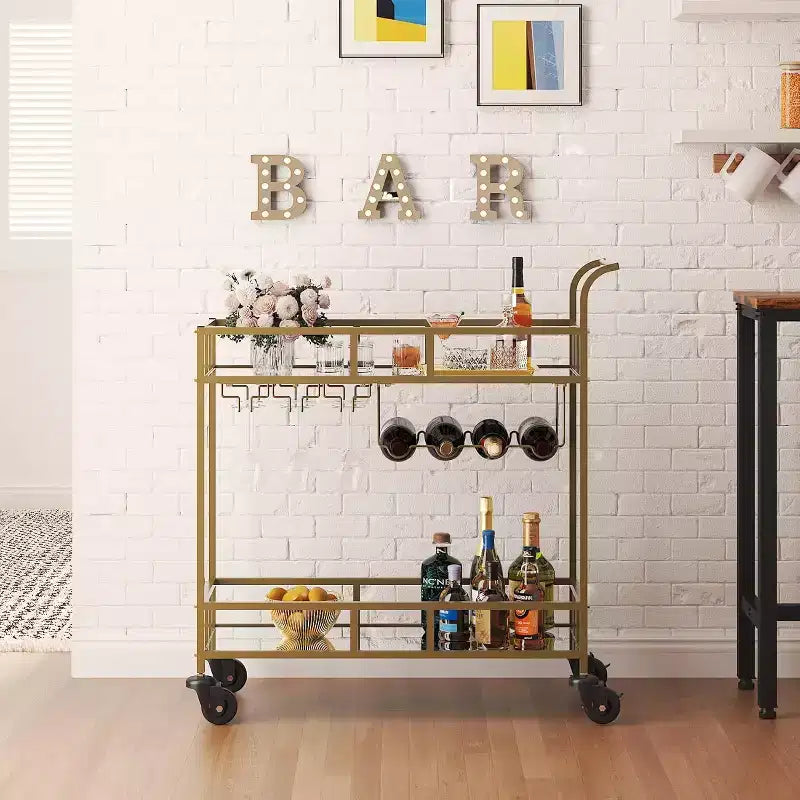 2 Tier Rolling Wine Bar Cart for Home, Small Alcohol Liquor Cart with Mirrored Shelves, Wine Racks & Glass Holder, Compact for Dining Room,Party