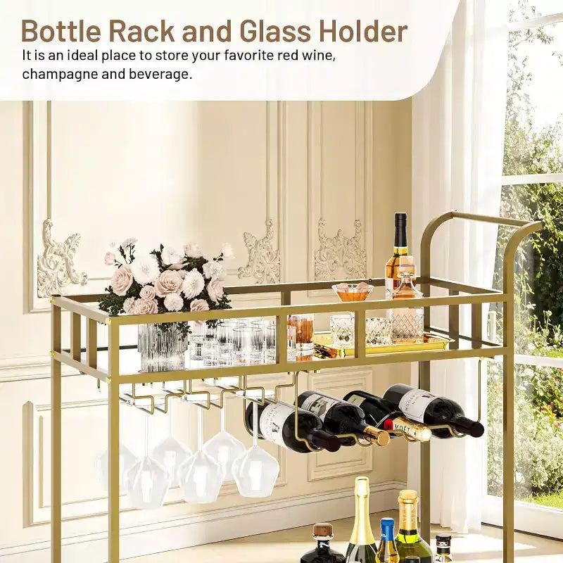 2 Tier Rolling Wine Bar Cart for Home, Small Alcohol Liquor Cart with Mirrored Shelves, Wine Racks & Glass Holder, Compact for Dining Room,Party