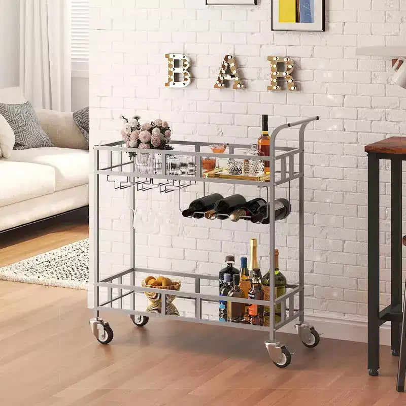 2 Tier Rolling Wine Bar Cart for Home, Small Alcohol Liquor Cart with Mirrored Shelves, Wine Racks & Glass Holder, Compact for Dining Room,Party