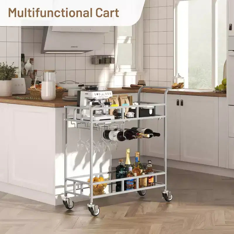2 Tier Rolling Wine Bar Cart for Home, Small Alcohol Liquor Cart with Mirrored Shelves, Wine Racks & Glass Holder, Compact for Dining Room,Party