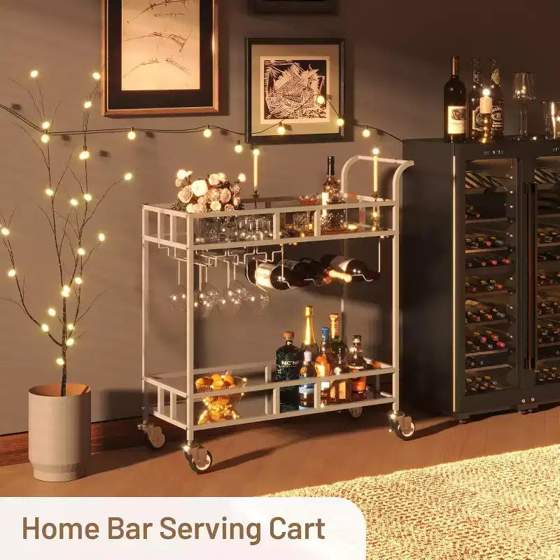 2 Tier Rolling Wine Bar Cart for Home, Small Alcohol Liquor Cart with Mirrored Shelves, Wine Racks & Glass Holder, Compact for Dining Room,Party