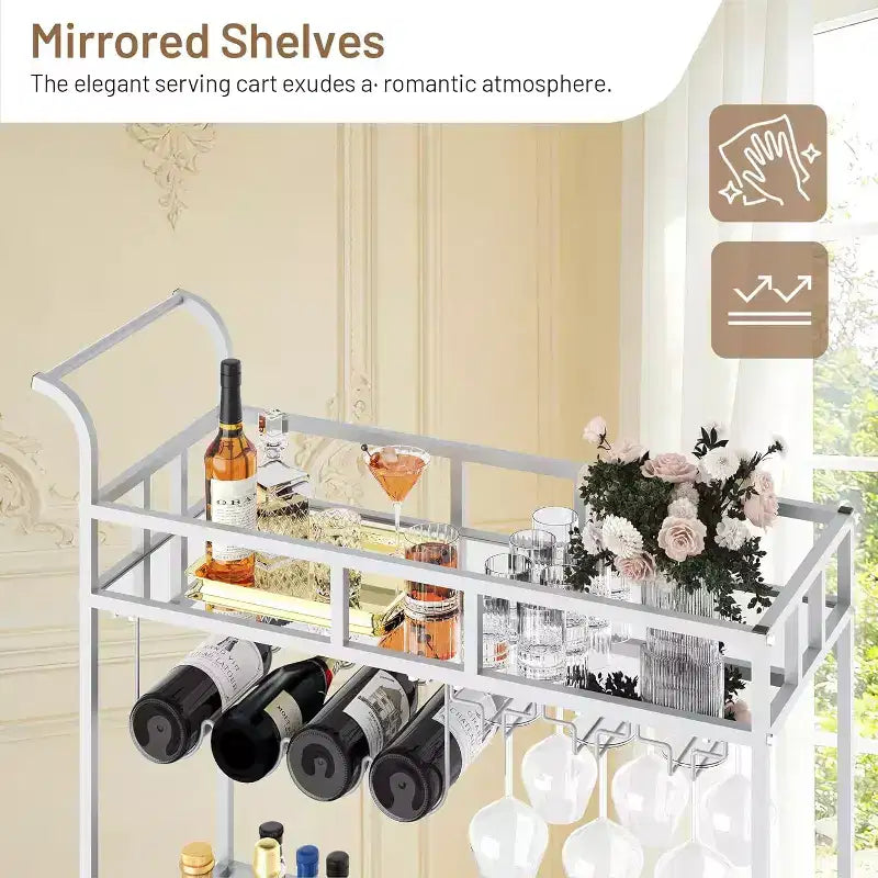 2 Tier Rolling Wine Bar Cart for Home, Small Alcohol Liquor Cart with Mirrored Shelves, Wine Racks & Glass Holder, Compact for Dining Room,Party