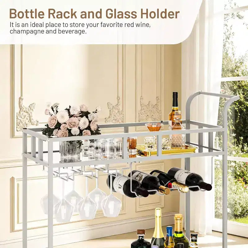 2 Tier Rolling Wine Bar Cart for Home, Small Alcohol Liquor Cart with Mirrored Shelves, Wine Racks & Glass Holder, Compact for Dining Room,Party