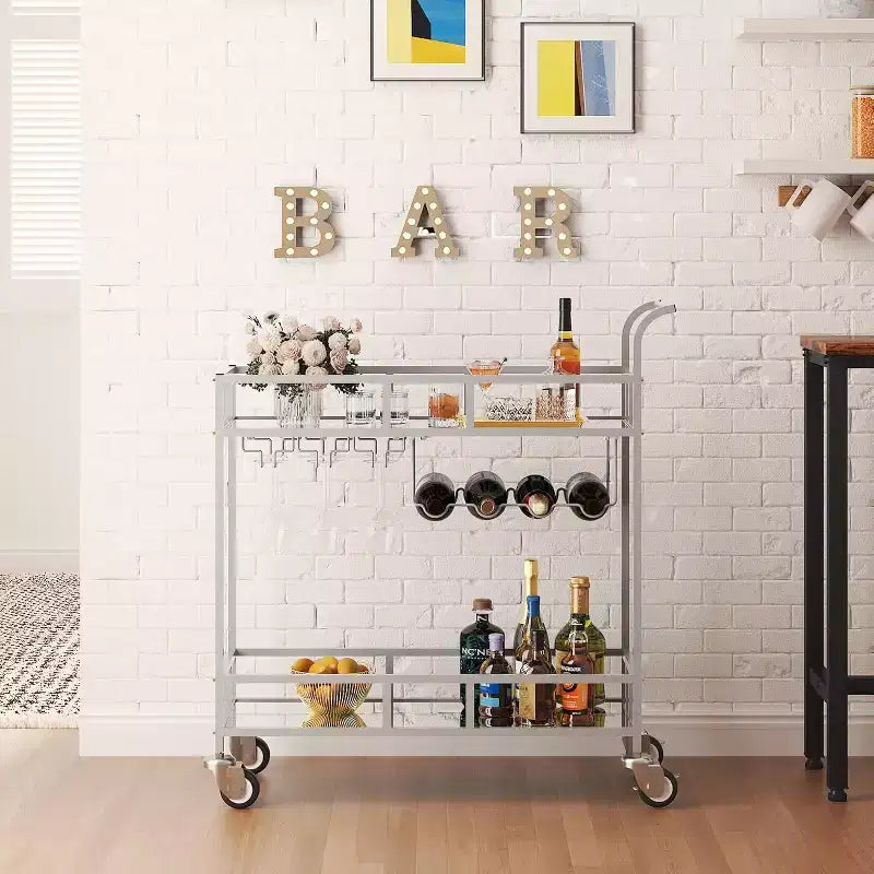 2 Tier Rolling Wine Bar Cart for Home, Small Alcohol Liquor Cart with Mirrored Shelves, Wine Racks & Glass Holder, Compact for Dining Room,Party