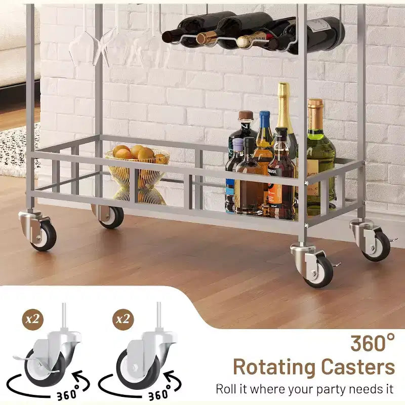 2 Tier Rolling Wine Bar Cart for Home, Small Alcohol Liquor Cart with Mirrored Shelves, Wine Racks & Glass Holder, Compact for Dining Room,Party