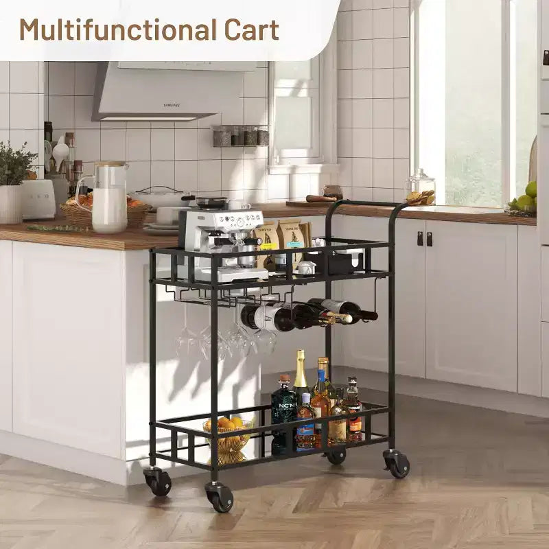 2 Tier Rolling Wine Bar Cart for Home, Small Alcohol Liquor Cart with Mirrored Shelves, Wine Racks & Glass Holder, Compact for Dining Room,Party