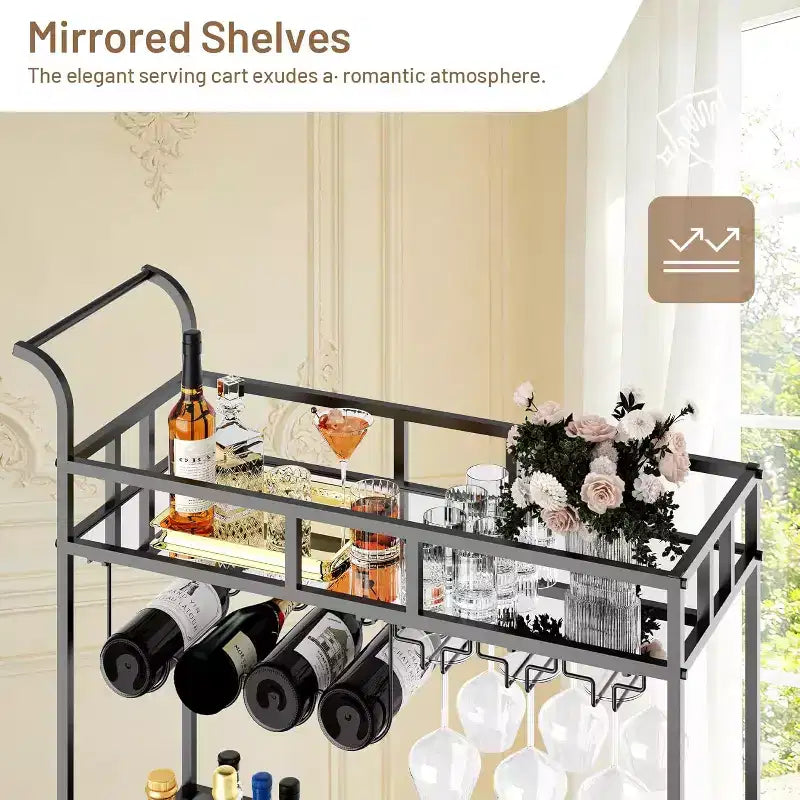 2 Tier Rolling Wine Bar Cart for Home, Small Alcohol Liquor Cart with Mirrored Shelves, Wine Racks & Glass Holder, Compact for Dining Room,Party