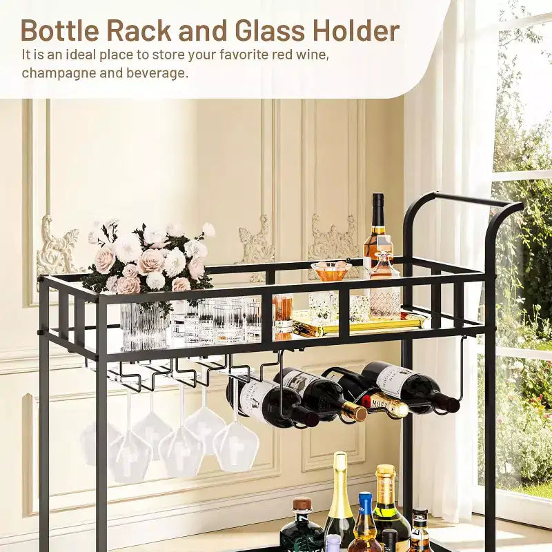 2 Tier Rolling Wine Bar Cart for Home, Small Alcohol Liquor Cart with Mirrored Shelves, Wine Racks & Glass Holder, Compact for Dining Room,Party