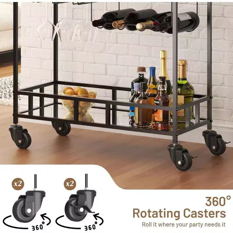 2 Tier Rolling Wine Bar Cart for Home, Small Alcohol Liquor Cart with Mirrored Shelves, Wine Racks & Glass Holder, Compact for Dining Room,Party