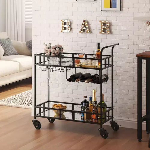 2 Tier Rolling Wine Bar Cart for Home, Small Alcohol Liquor Cart with Mirrored Shelves, Wine Racks & Glass Holder, Compact for Dining Room,Party