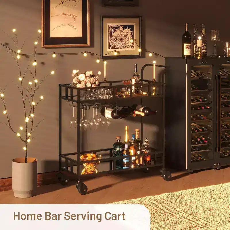 2 Tier Rolling Wine Bar Cart for Home, Small Alcohol Liquor Cart with Mirrored Shelves, Wine Racks & Glass Holder, Compact for Dining Room,Party