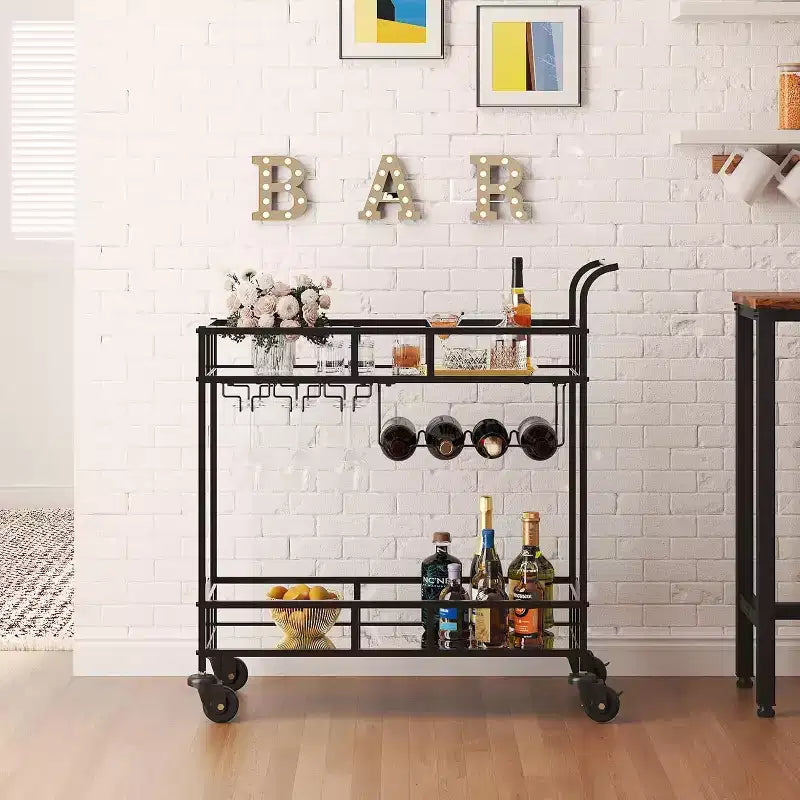 2 Tier Rolling Wine Bar Cart for Home, Small Alcohol Liquor Cart with Mirrored Shelves, Wine Racks & Glass Holder, Compact for Dining Room,Party
