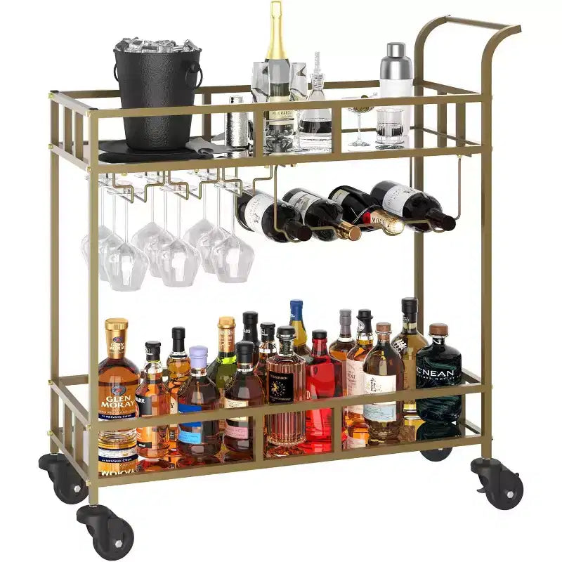 2 Tier Rolling Wine Bar Cart for Home, Small Alcohol Liquor Cart with Mirrored Shelves, Wine Racks & Glass Holder, Compact for Dining Room,Party