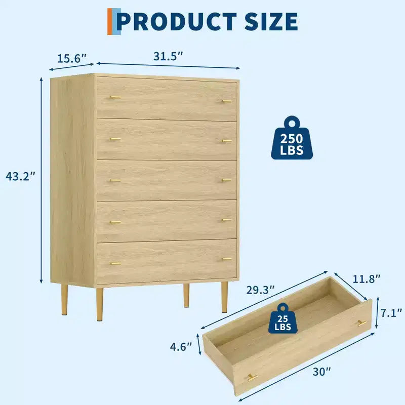 Farmhouse 5 Drawers Dresser for Bedroom, 44 in Tall Dresser Wood Rustic Chest of Drawers with Large Drawers & Bar Handles for Living Room