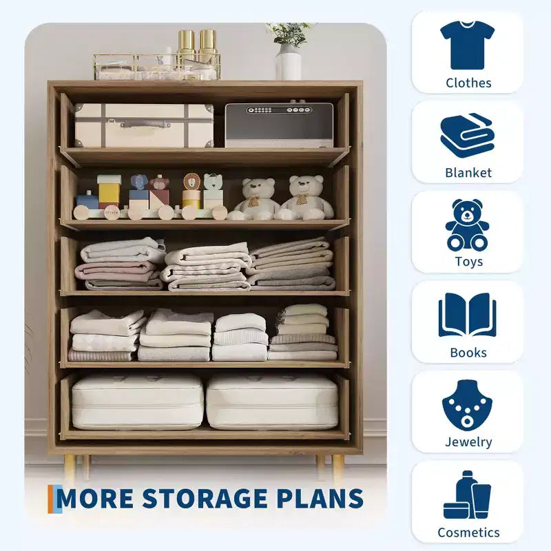 Farmhouse 5 Drawers Dresser for Bedroom, 44 in Tall Dresser Wood Rustic Chest of Drawers with Large Drawers & Bar Handles for Living Room