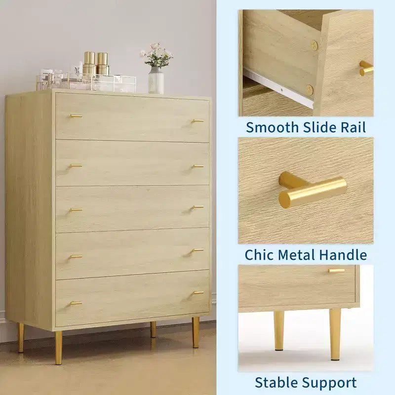 Farmhouse 5 Drawers Dresser for Bedroom, 44 in Tall Dresser Wood Rustic Chest of Drawers with Large Drawers & Bar Handles for Living Room