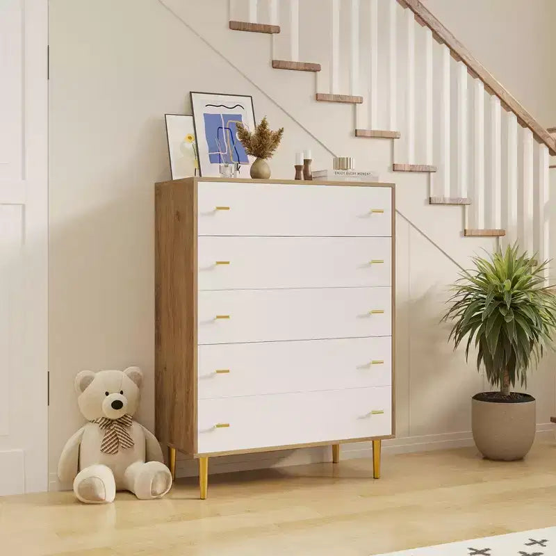 Farmhouse 5 Drawers Dresser for Bedroom, 44 in Tall Dresser Wood Rustic Chest of Drawers with Large Drawers & Bar Handles for Living Room