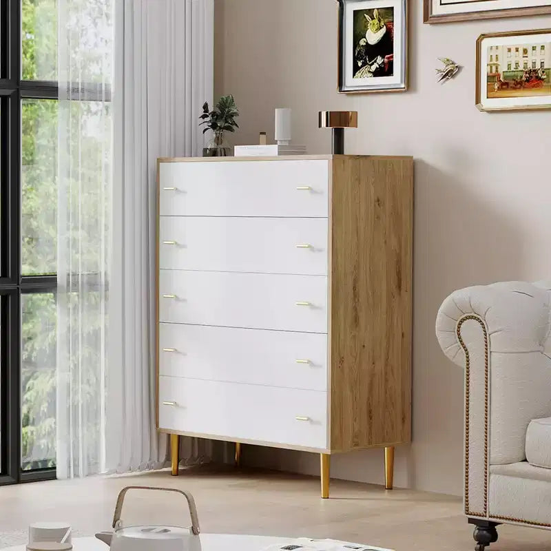 Farmhouse 5 Drawers Dresser for Bedroom, 44 in Tall Dresser Wood Rustic Chest of Drawers with Large Drawers & Bar Handles for Living Room