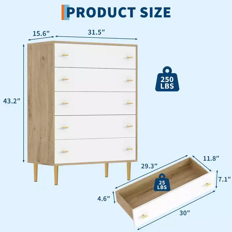 Farmhouse 5 Drawers Dresser for Bedroom, 44 in Tall Dresser Wood Rustic Chest of Drawers with Large Drawers & Bar Handles for Living Room