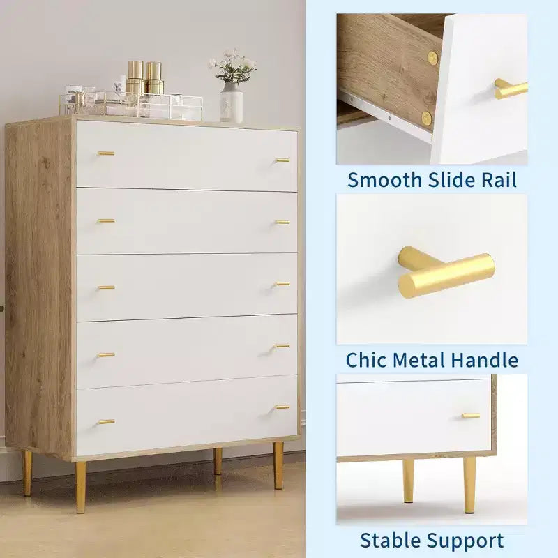 Farmhouse 5 Drawers Dresser for Bedroom, 44 in Tall Dresser Wood Rustic Chest of Drawers with Large Drawers & Bar Handles for Living Room