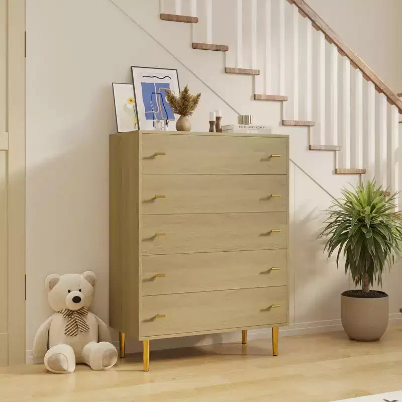 Farmhouse 5 Drawers Dresser for Bedroom, 44 in Tall Dresser Wood Rustic Chest of Drawers with Large Drawers & Bar Handles for Living Room