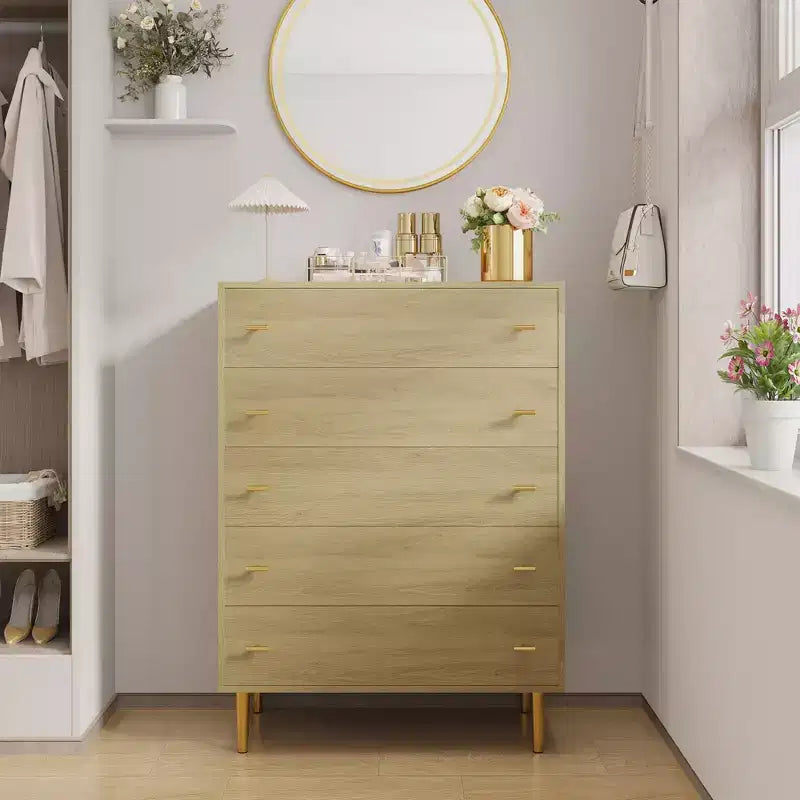 Farmhouse 5 Drawers Dresser for Bedroom, 44 in Tall Dresser Wood Rustic Chest of Drawers with Large Drawers & Bar Handles for Living Room