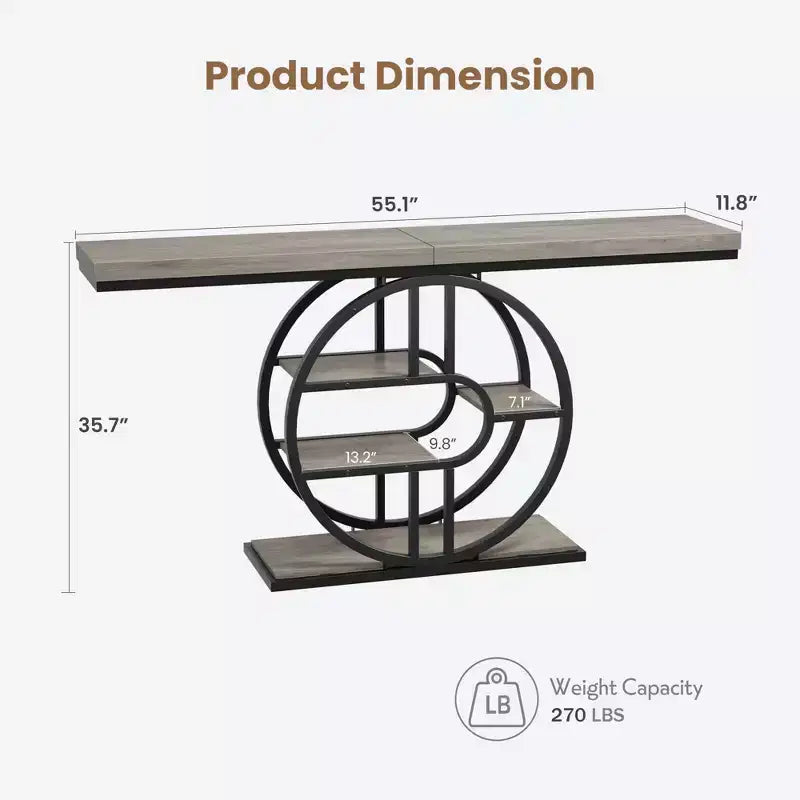 55 Entryway Console Table, Industrial Narrow Long Sofa Table with O-Shaped Metal Frame, Behind Couch Table for Living Room Hallway Entrance