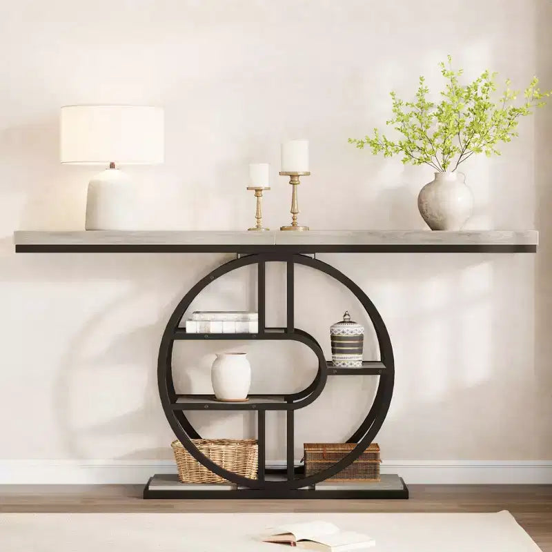 55 Entryway Console Table, Industrial Narrow Long Sofa Table with O-Shaped Metal Frame, Behind Couch Table for Living Room Hallway Entrance