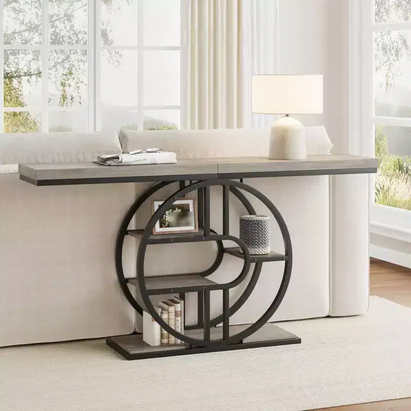 55 Entryway Console Table, Industrial Narrow Long Sofa Table with O-Shaped Metal Frame, Behind Couch Table for Living Room Hallway Entrance