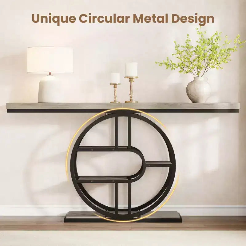 55 Entryway Console Table, Industrial Narrow Long Sofa Table with O-Shaped Metal Frame, Behind Couch Table for Living Room Hallway Entrance