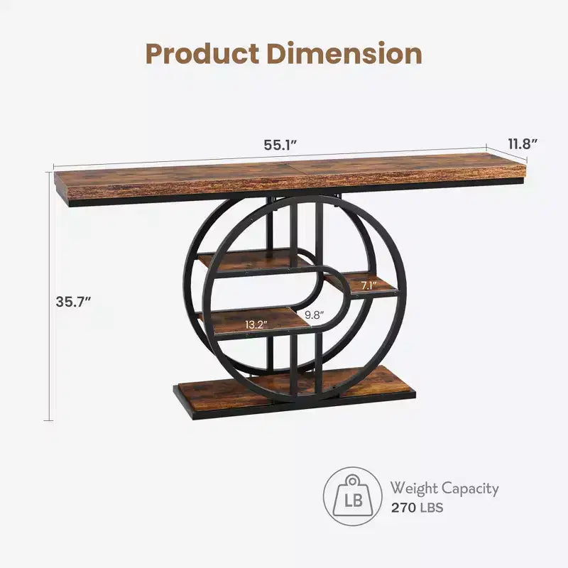 55 Entryway Console Table, Industrial Narrow Long Sofa Table with O-Shaped Metal Frame, Behind Couch Table for Living Room Hallway Entrance