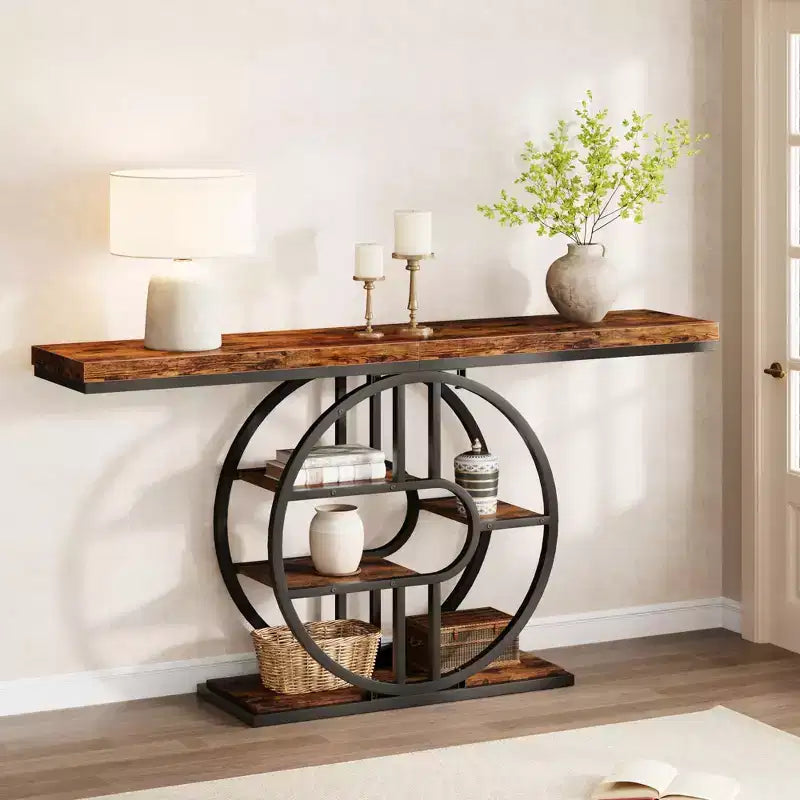 55 Entryway Console Table, Industrial Narrow Long Sofa Table with O-Shaped Metal Frame, Behind Couch Table for Living Room Hallway Entrance