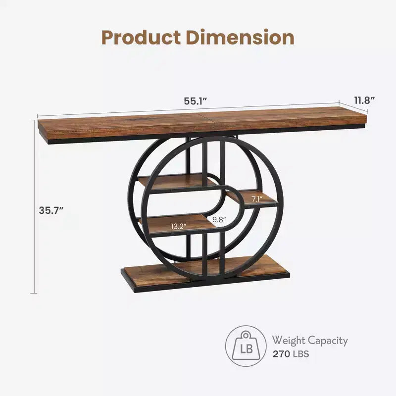 55 Entryway Console Table, Industrial Narrow Long Sofa Table with O-Shaped Metal Frame, Behind Couch Table for Living Room Hallway Entrance